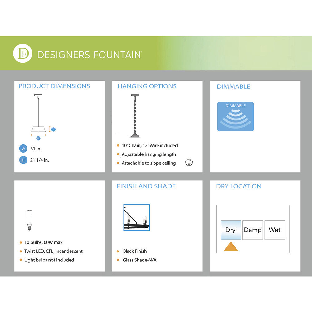 Fiora 10 Light 31 inch Black Chandelier Ceiling Light